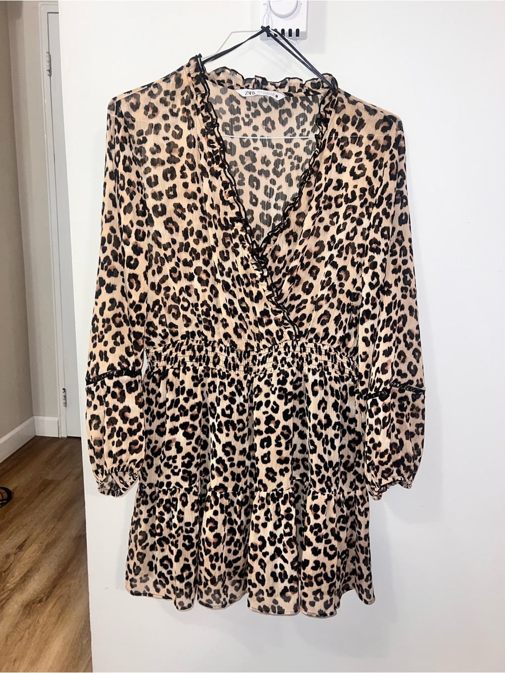 Zara Leopard Tiered Mini Dress - Beige & Black